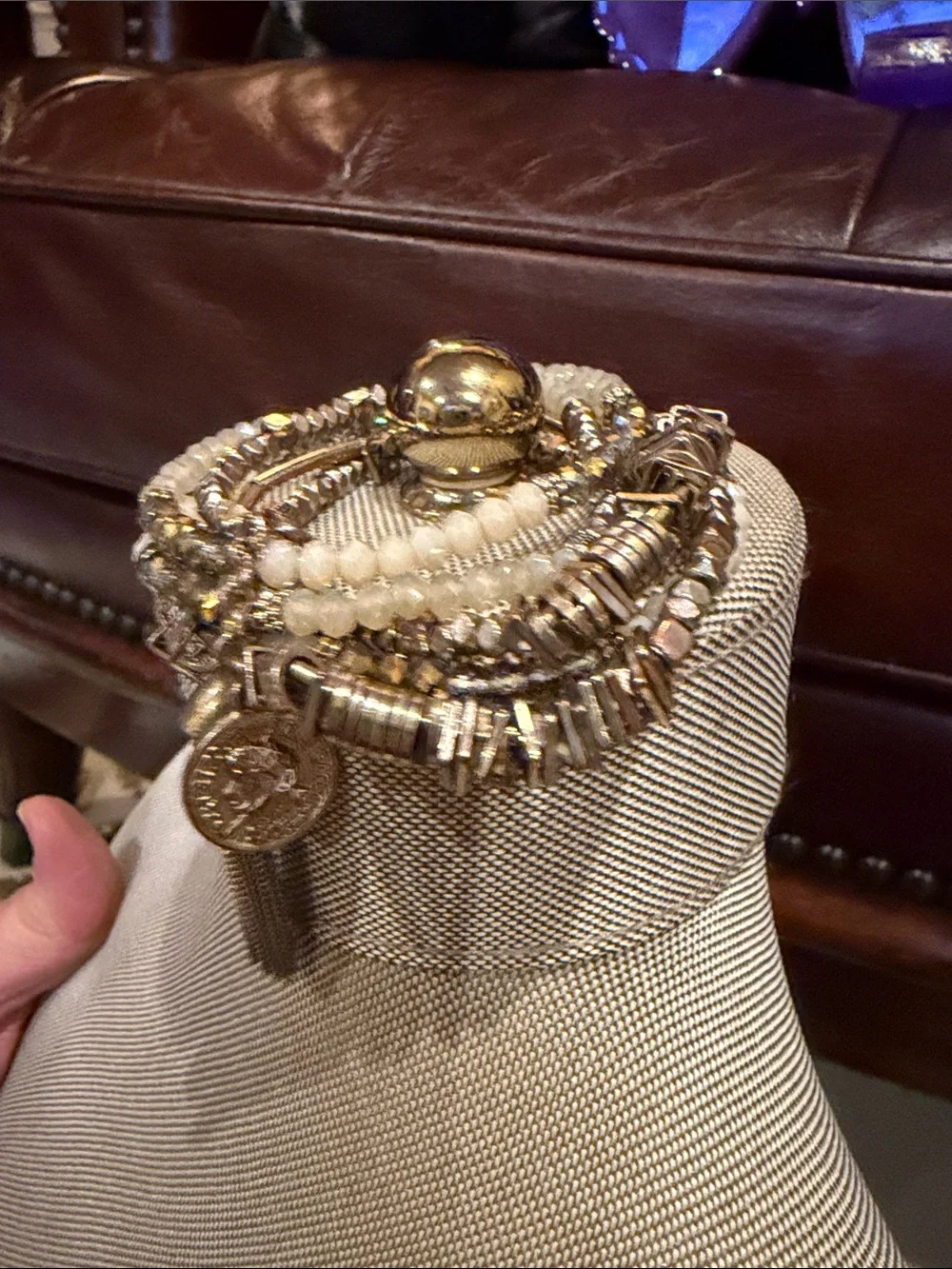 Multi-Strand White/Gold Beaded Charm Bracelet - w coin and tassle accents ⭐️💫